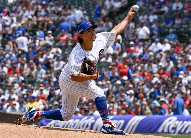 Jun 15, 2024; Chicago, Illinois, USA;  Chicago Cubs pitcher Shota Imanaga (18) delivers a pitch during the first inning against the St. Louis Cardinals at Wrigley Field. Mandatory Credit: Matt Marton-USA TODAY Sports