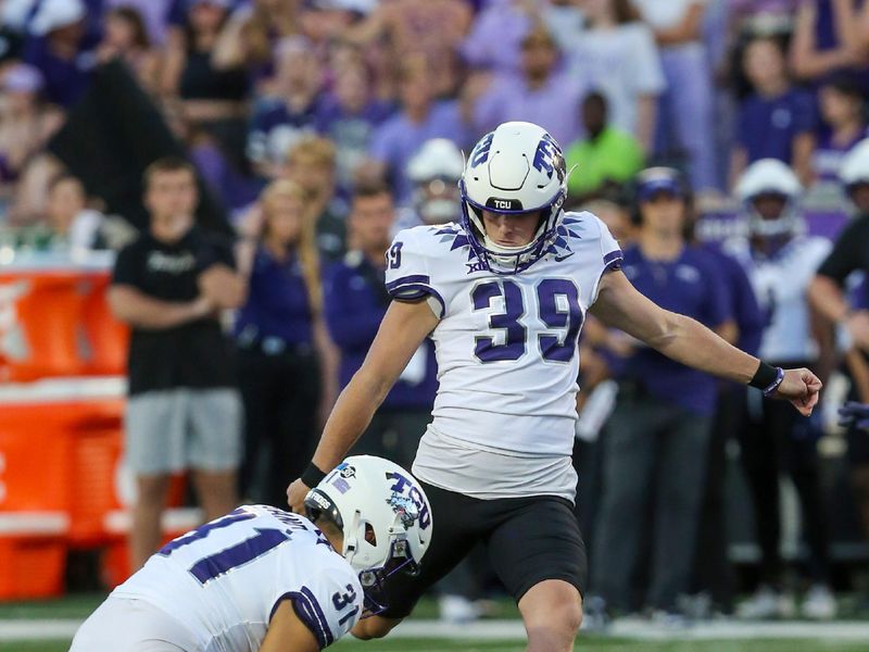 Oct 21, 2023; Manhattan, Kansas, USA; TCU Horned Frogs place kicker Griffin Kell (39) kicks a field goal during the first quarter against the Kansas State Wildcats at Bill Snyder Family Football Stadium. Mandatory Credit: Scott Sewell-USA TODAY Sports