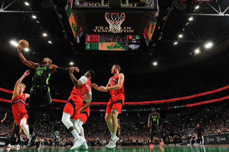 BOSTON, MA - NOVEMBER 16: Al Horford #42 of the Boston Celtics goes up for the rebound during the game against the Toronto Raptors on November 16, 2024 at TD Garden in Boston, Massachusetts. NOTE TO USER: User expressly acknowledges and agrees that, by downloading and/or using this Photograph, user is consenting to the terms and conditions of the Getty Images License Agreement. Mandatory Copyright Notice: Copyright 2024 NBAE (Photo by Brian Babineau/NBAE via Getty Images)