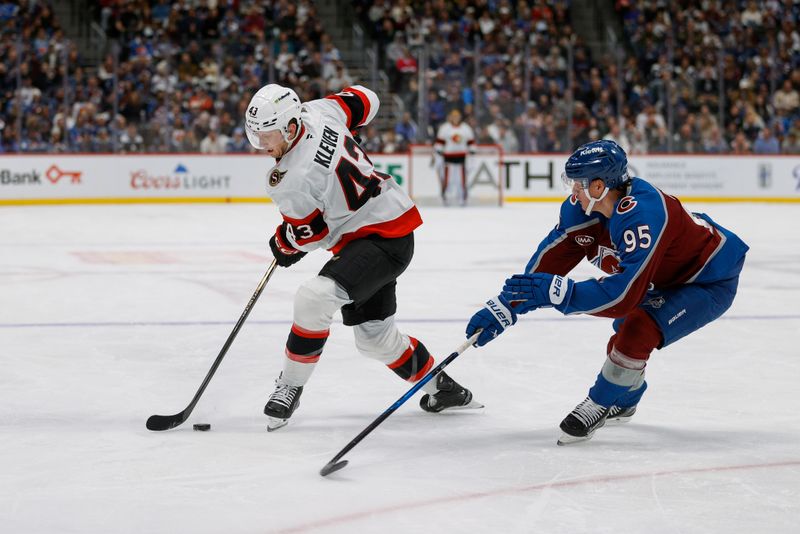 Jan 8, 2026; Denver, Colorado, USA; Ottawa Senators defenseman Tyler Kleven (43) controls the puck against Colorado Avalanche left wing Victor Olofsson (95) in the first period at Ball Arena. Mandatory Credit: Isaiah J. Downing-Imagn Images