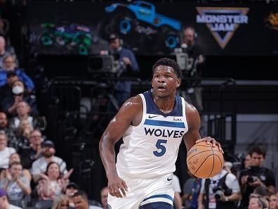 SACRAMENTO, CA - DECEMBER 23: Anthony Edwards #5 of the Minnesota Timberwolves brings the ball up court against the Sacramento Kings on December 23, 2023 at Golden 1 Center in Sacramento, California. NOTE TO USER: User expressly acknowledges and agrees that, by downloading and or using this Photograph, user is consenting to the terms and conditions of the Getty Images License Agreement. Mandatory Copyright Notice: Copyright 2023 NBAE (Photo by Rocky Widner/NBAE via Getty Images)