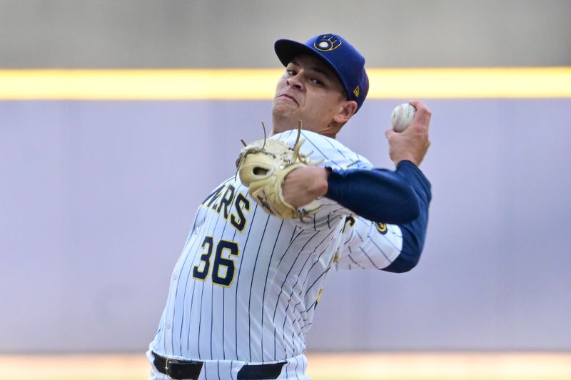 Aug 10, 2024; Milwaukee, Wisconsin, USA; Milwaukee Brewers starting pitcher Tobias Myers (36) pitches against the Cincinnati Reds in the first inning at American Family Field. Mandatory Credit: Benny Sieu-USA TODAY Sports