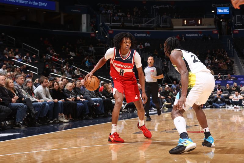 WASHINGTON, DC -? FEBRUARY 12: Bub Carrington #8 of the Washington Wizards handles the ball during the game against the Indiana Pacers on February 12, 2025 at Capital One Arena in Washington, DC. NOTE TO USER: User expressly acknowledges and agrees that, by downloading and or using this Photograph, user is consenting to the terms and conditions of the Getty Images License Agreement. Mandatory Copyright Notice: Copyright 2025 NBAE (Photo by Kenny Giarla/NBAE via Getty Images)