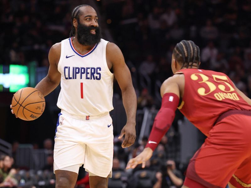 CLEVELAND, OH - JANUARY 29:  James Harden #1 of the LA Clippers handles the ball during the game  on January 29, 2024 at Rocket Mortgage FieldHouse in Cleveland, Ohio. NOTE TO USER: User expressly acknowledges and agrees that, by downloading and/or using this Photograph, user is consenting to the terms and conditions of the Getty Images License Agreement. Mandatory Copyright Notice: Copyright 2024 NBAE (Photo by  Lauren Leigh Bacho/NBAE via Getty Images)