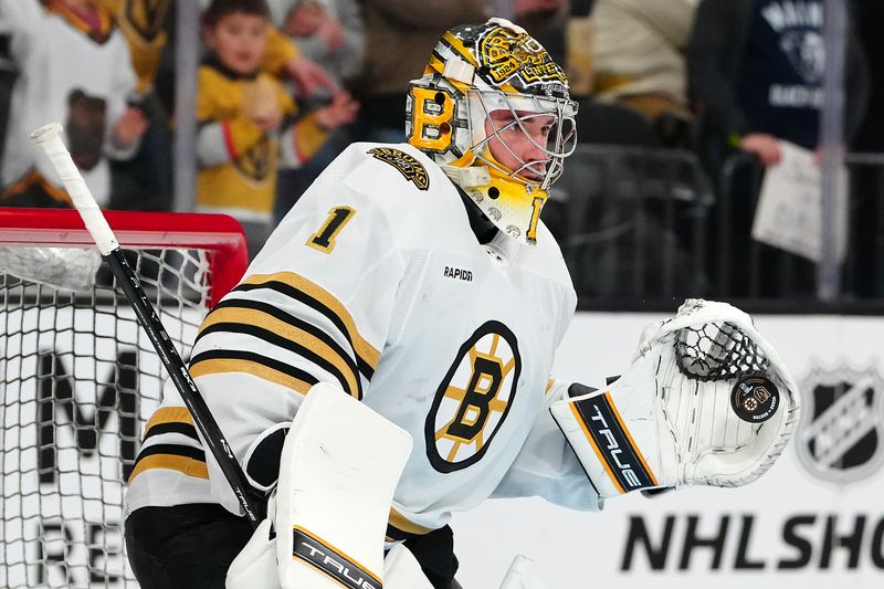 Jan 11, 2024; Las Vegas, Nevada, USA; Boston Bruins goaltender Jeremy Swayman (1) warms up before a game against the Vegas Golden Knights at T-Mobile Arena. Mandatory Credit: Stephen R. Sylvanie-USA TODAY Sports