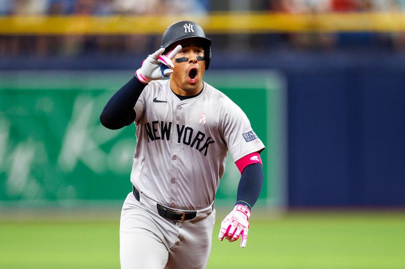 May 12, 2024; St. Petersburg, Florida, USA;  New York Yankees outfielder Jahmai Jones (14) runs the bases after hitting a solo home run against the Tampa Bay Rays in the third inning at Tropicana Field. Mandatory Credit: Nathan Ray Seebeck-USA TODAY Sports