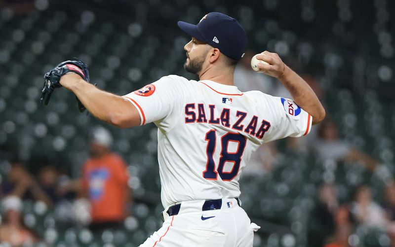 May 29, 2025; Houston, Texas, USA; Houston Astros relief pitcher Cesar Salazar (18) pitches against  the Tampa Bay Rays in the ninth inning at Daikin Park. Mandatory Credit: Thomas Shea-Imagn Images
