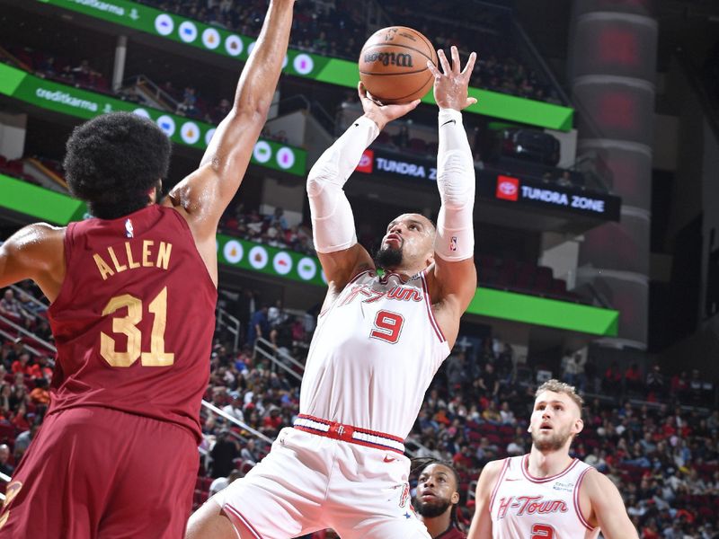 HOUSTON, TX - MARCH 16:  Dillon Brooks #9 of the Houston Rockets shoots the ball during the game against the Cleveland Cavaliers on March 16, 2023 at the Toyota Center in Houston, Texas. NOTE TO USER: User expressly acknowledges and agrees that, by downloading and or using this photograph, User is consenting to the terms and conditions of the Getty Images License Agreement. Mandatory Copyright Notice: Copyright 2024 NBAE (Photo by Logan Riely/NBAE via Getty Images)