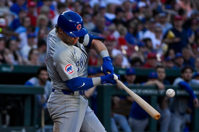 May 25, 2024; St. Louis, Missouri, USA;  Chicago Cubs second baseman Nico Hoerner (2) hits a one run double against the St. Louis Cardinals during the fourth inning at Busch Stadium. Mandatory Credit: Jeff Curry-USA TODAY Sports