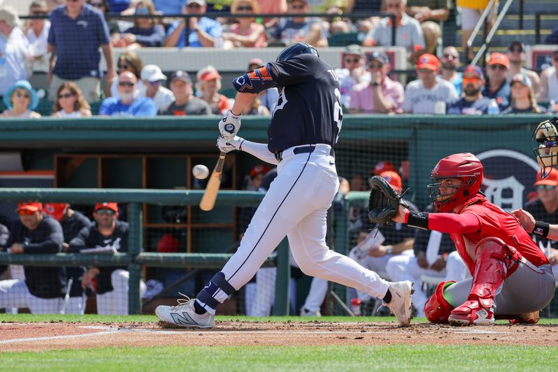 Mar 4, 2024; Lakeland, Florida, USA; Detroit Tigers first baseman Spencer Torkelson (20) bats during the first inning against the Boston Red Sox at Publix Field at Joker Marchant Stadium. Mandatory Credit: Mike Watters-USA TODAY Sports