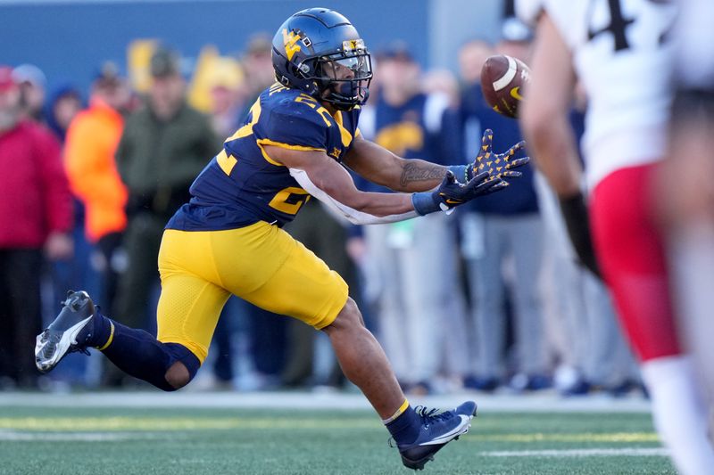 Nov 18, 2023; Morgantown, West Virginia, USA; West Virginia Mountaineers running back Jahiem White (22) catches a touchdown pass against the Cincinnati Bearcats in the second quarter at Milan Puskar Stadium.  Mandatory Credit: Kareem Elgazzar-USA TODAY Sports