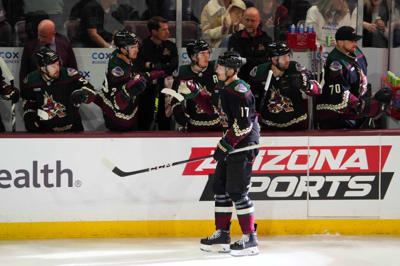 Feb 19, 2024; Tempe, Arizona, USA; Arizona Coyotes center Nick Bjugstad (17) celebrates a goal against the Edmonton Oilers during the first period at Mullett Arena. Mandatory Credit: Joe Camporeale-USA TODAY Sports