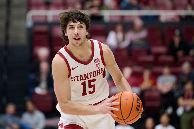 Jan 18, 2024; Stanford, California, USA; Stanford Cardinal guard Benny Gealer (15) dribbles the ball against the Washington State Cougars during the first half at Maples Pavilion. Mandatory Credit: Robert Edwards-USA TODAY Sports