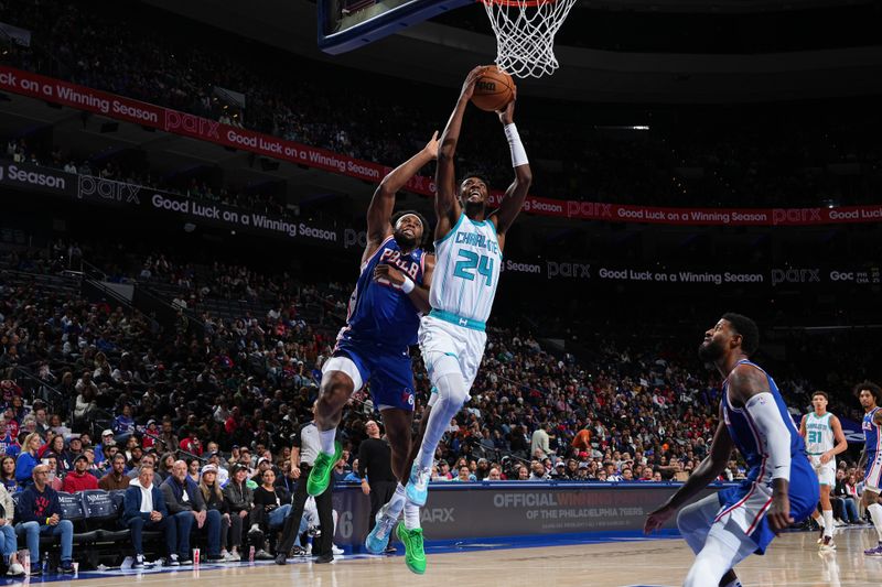 PHILADELPHIA, PA - NOVEMBER 10: Brandon Miller #24 of the Charlotte Hornets drives to the basket during the game against the Philadelphia 76ers on November 10, 2024 at the Wells Fargo Center in Philadelphia, Pennsylvania NOTE TO USER: User expressly acknowledges and agrees that, by downloading and/or using this Photograph, user is consenting to the terms and conditions of the Getty Images License Agreement. Mandatory Copyright Notice: Copyright 2024 NBAE (Photo by Jesse D. Garrabrant/NBAE via Getty Images)