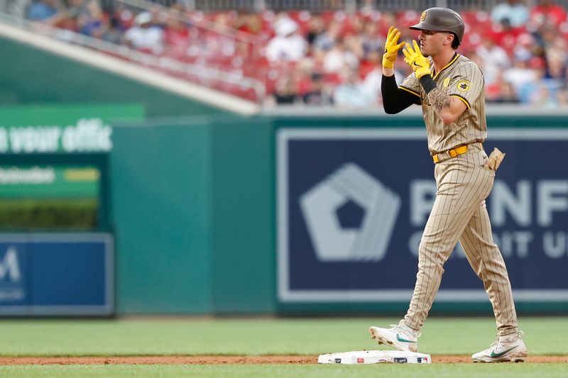 Jul 24, 2024; Washington, District of Columbia, USA; San Diego Padres outfielder Jackson Merrill (3) celebrates after hitting a double against the Washington Nationals during the second inning at Nationals Park. Mandatory Credit: Geoff Burke-USA TODAY Sports
