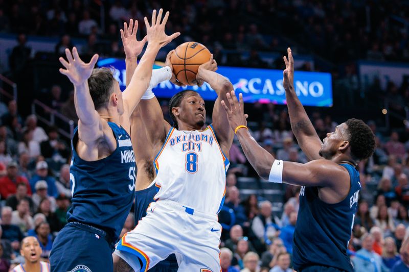 OKLAHOMA CITY, OKLAHOMA - FEBRUARY 24: Jalen Williams #8 of the Oklahoma City Thunder protects the ball during the second quarter against the Minnesota Timberwolves at Paycom Center on February 24, 2025 in Oklahoma City, Oklahoma. NOTE TO USER: User expressly acknowledges and agrees that, by downloading and or using this photograph, User is consenting to the terms and conditions of the Getty Images License Agreement. (Photo by William Purnell/Getty Images)