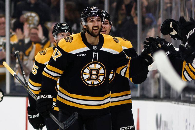 Oct 26, 2024; Boston, Massachusetts, USA; Boston Bruins center Mark Kastelic (47) celebrates his goal with teammates on the bench during the second period against the Toronto Maple Leafs at TD Garden. Mandatory Credit: Winslow Townson-Imagn Images