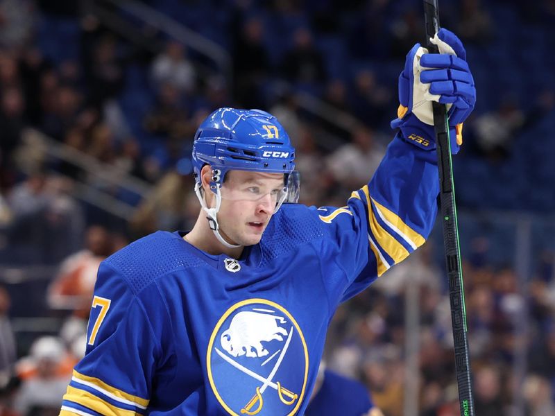 Sep 27, 2022; Buffalo, New York, USA;  Buffalo Sabres left wing Brandon Biro (17) celebrates his goal during the second period against the Philadelphia Flyers at KeyBank Center. Mandatory Credit: Timothy T. Ludwig-USA TODAY Sports