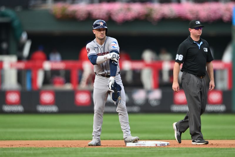 Aug 28, 2024; Philadelphia, Pennsylvania, USA; Houston Astros infielder Alex Bregman (2) looks on after hitting a double against the Philadelphia Phillies in the fourth inning at Citizens Bank Park. Mandatory Credit: Kyle Ross-USA TODAY Sports