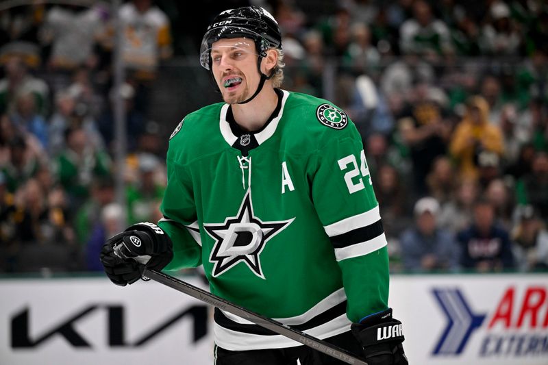 Apr 5, 2025; Dallas, Texas, USA; Dallas Stars center Roope Hintz (24) looks on after Pittsburgh Penguins center Sidney Crosby (not pictured) scores a power play goal against the Stars during the first period at the American Airlines Center. Mandatory Credit: Jerome Miron-Imagn Images