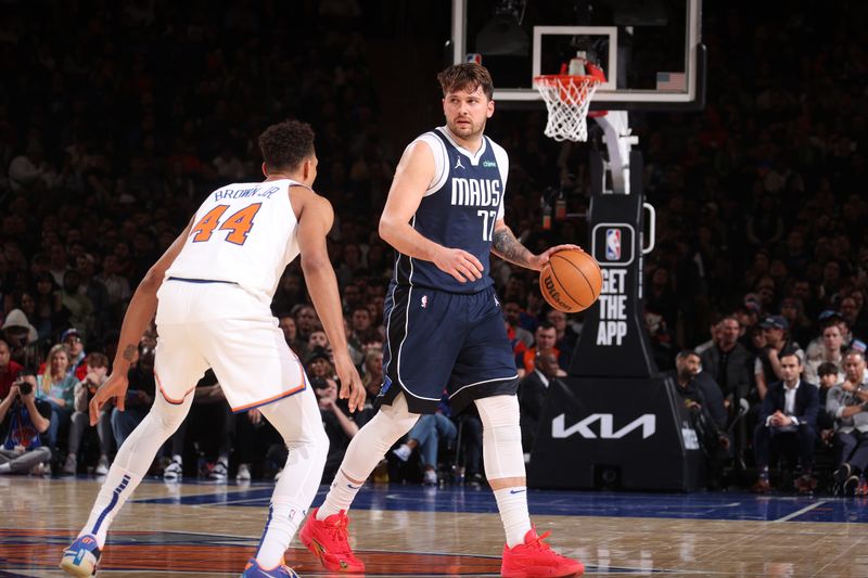 NEW YORK, NY - FEBRUARY 8: Luka Doncic #77 of the Dallas Mavericks dribbles the ball during the game against the New York Knicks on February 8, 2024 at Madison Square Garden in New York City, New York.  NOTE TO USER: User expressly acknowledges and agrees that, by downloading and or using this photograph, User is consenting to the terms and conditions of the Getty Images License Agreement. Mandatory Copyright Notice: Copyright 2024 NBAE  (Photo by Nathaniel S. Butler/NBAE via Getty Images)