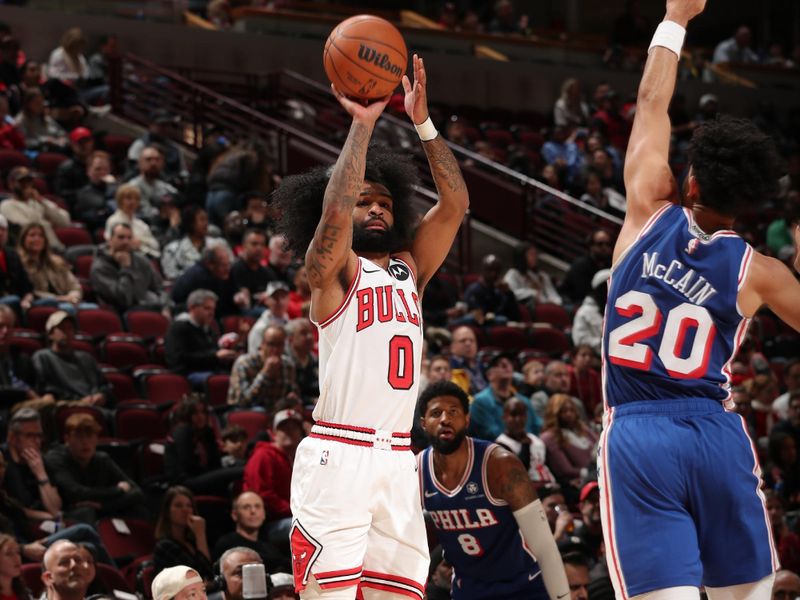 CHICAGO, IL - DECEMBER 8: Coby White #0 of the Chicago Bulls shoots a three point basket during the game against the Philadelphia 76ers on December 8, 2024 at United Center in Chicago, Illinois. NOTE TO USER: User expressly acknowledges and agrees that, by downloading and or using this photograph, User is consenting to the terms and conditions of the Getty Images License Agreement. Mandatory Copyright Notice: Copyright 2024 NBAE (Photo by Gary Dineen/NBAE via Getty Images)