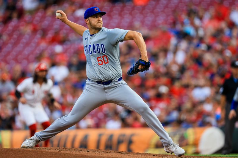 Jul 29, 2024; Cincinnati, Ohio, USA; Chicago Cubs starting pitcher Jameson Taillon (50) pitches against the Cincinnati Reds in the first inning at Great American Ball Park. Mandatory Credit: Katie Stratman-USA TODAY Sports