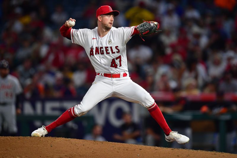 Sep 15, 2023; Anaheim, California, USA;  Los Angeles Angels starting pitcher Griffin Canning (47) throws against the Detroit Tigers during the third inning at Angel Stadium. Mandatory Credit: Gary A. Vasquez-USA TODAY Sports