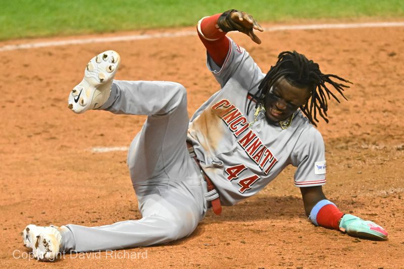 Sep 27, 2023; Cleveland, Ohio, USA; Cincinnati Reds shortstop Elly De La Cruz (44) reacts after he was tagged out at home plate in the fifth inning against the Cleveland Guardians at Progressive Field. Mandatory Credit: David Richard-USA TODAY Sports