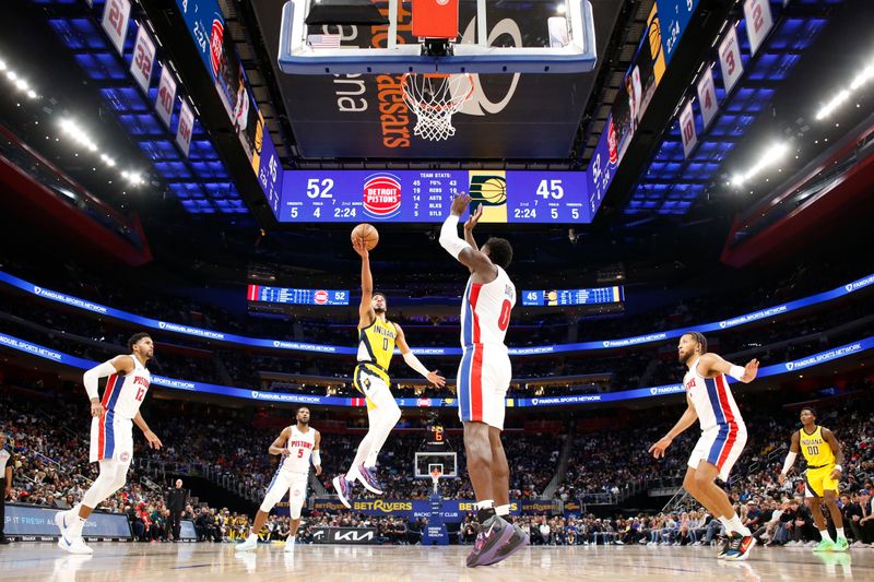 DETROIT, MI - OCTOBER 23: Tyrese Haliburton #0 of the Indiana Pacers drives to the basket during the game against the Detroit Pistons on October 23, 2024 at Little Caesars Arena in Detroit, Michigan. NOTE TO USER: User expressly acknowledges and agrees that, by downloading and/or using this photograph, User is consenting to the terms and conditions of the Getty Images License Agreement. Mandatory Copyright Notice: Copyright 2024 NBAE (Photo by Brian Sevald/NBAE via Getty Images)