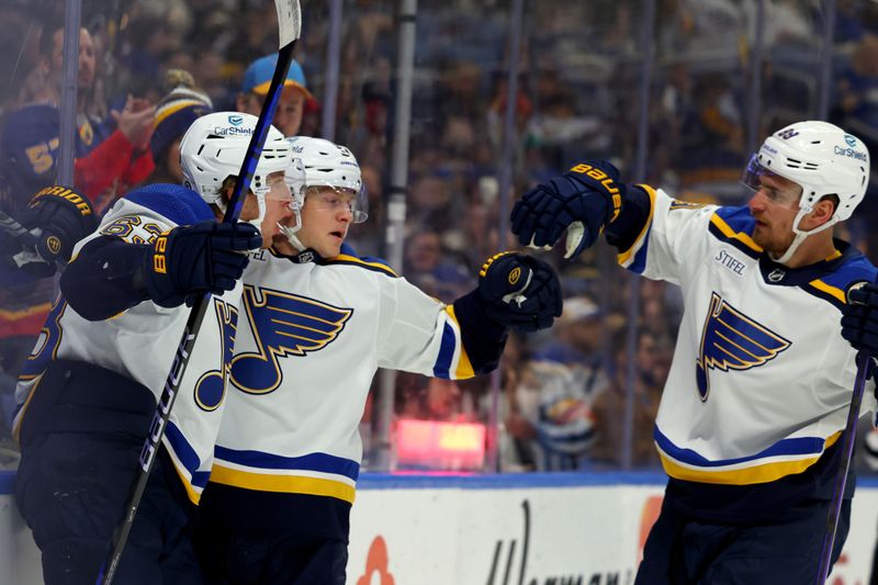 Feb 10, 2024; Buffalo, New York, USA;  St. Louis Blues left wing Jake Neighbours (63) celebrates his goal with teammates during the first period against the Buffalo Sabres at KeyBank Center. Mandatory Credit: Timothy T. Ludwig-USA TODAY Sports