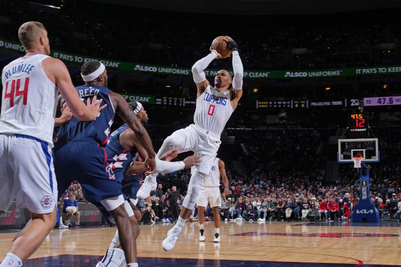 PHILADELPHIA, PA - MARCH 27:  Russell Westbrook #0 of the LA Clippers shoots the ball during the game against the Philadelphia 76ers on March 27, 2024 at the Wells Fargo Center in Philadelphia, Pennsylvania NOTE TO USER: User expressly acknowledges and agrees that, by downloading and/or using this Photograph, user is consenting to the terms and conditions of the Getty Images License Agreement. Mandatory Copyright Notice: Copyright 2024 NBAE (Photo by Jesse D. Garrabrant/NBAE via Getty Images)