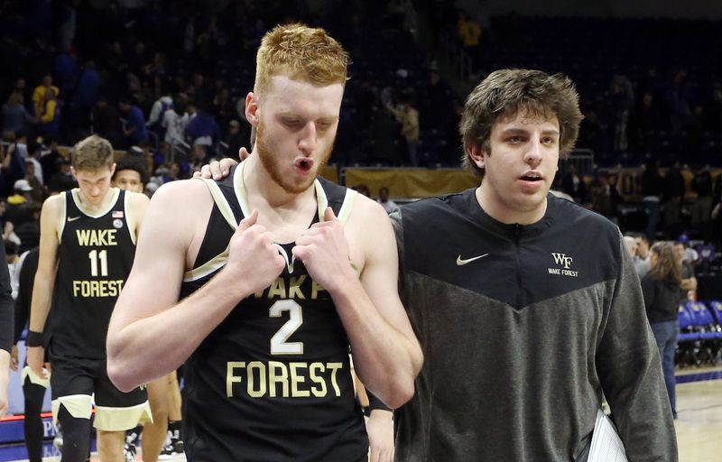 Jan 25, 2023; Pittsburgh, Pennsylvania, USA;  Wake Forest Demon Deacons guard Cameron Hildreth (2) reacts as he leaves the court after the Demon Deacons were defeated by the Pittsburgh Panthers at the Petersen Events Center. Pittsburgh won 81-79. Mandatory Credit: Charles LeClaire-USA TODAY Sports