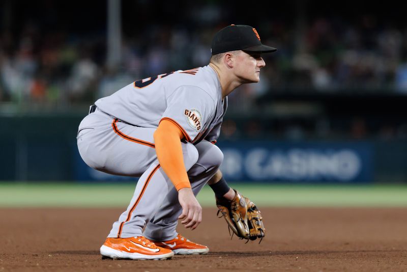 Jul 6, 2025; West Sacramento, California, USA; San Francisco Giants third baseman Matt Chapman (26) sets in position during the game against the Athletics at Sutter Health Park. Mandatory Credit: Sergio Estrada-Imagn Images