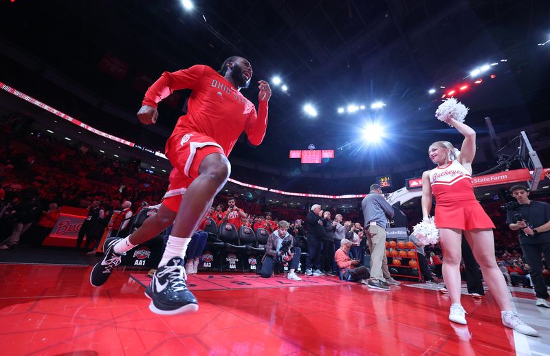 Jan 17, 2026; Columbus, Ohio, USA;  Ohio State Buckeyes guard Bruce Thornton (2) takes the court before the game against the UCLA Bruins at Value City Arena. Mandatory Credit: Joseph Maiorana-Imagn Images