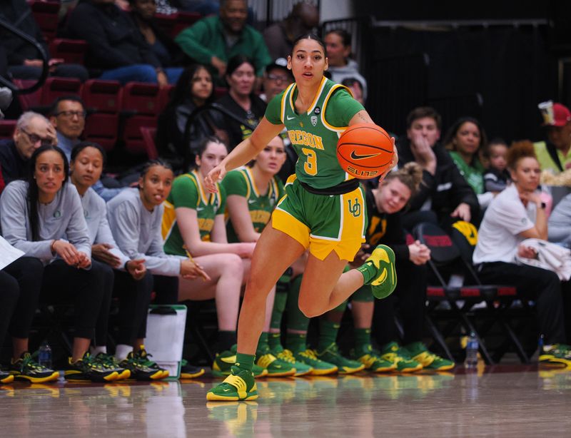 Jan 29, 2023; Stanford, California, USA; Oregon Ducks guard Ahlise Hurse (3) brings the ball down the court against the Stanford Cardinal during the second quarter at Maples Pavilion. Mandatory Credit: Kelley L Cox-USA TODAY Sports