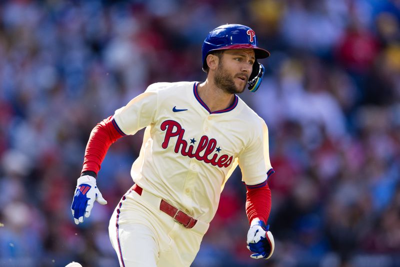 Apr 13, 2024; Philadelphia, Pennsylvania, USA; Philadelphia Phillies shortstop Trea Turner (7) runs the bases after hitting a double during the first inning against the Pittsburgh Pirates at Citizens Bank Park. Mandatory Credit: Bill Streicher-USA TODAY Sports