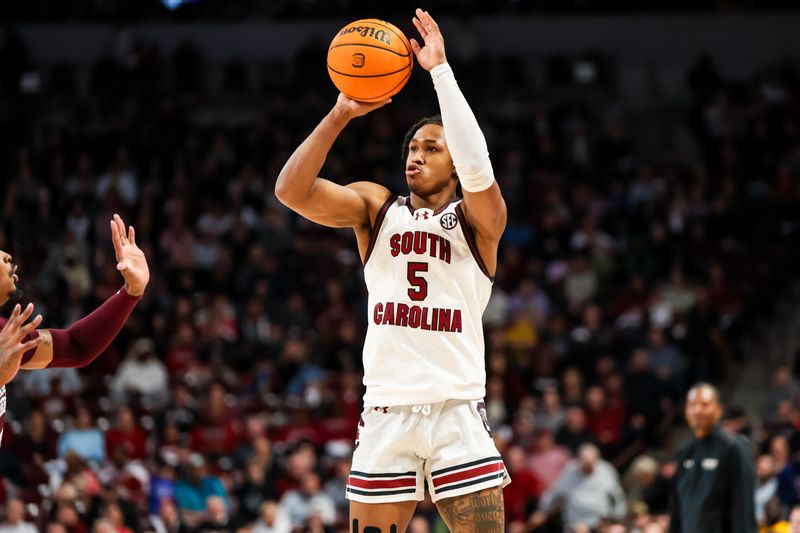 Jan 6, 2024; Columbia, South Carolina, USA; South Carolina Gamecocks guard Meechie Johnson (5) attempted a three point basket against the Mississippi State Bulldogs in the first half at Colonial Life Arena. Mandatory Credit: Jeff Blake-USA TODAY Sports