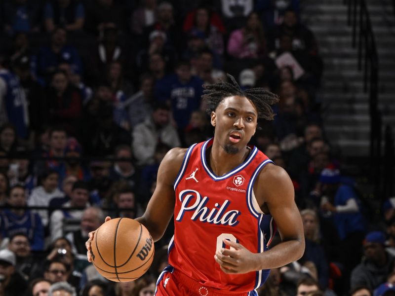 PHILADELPHIA, PA - JANUARY 5: Tyrese Maxey #0 of the Philadelphia 76ers handles the ball during the game against the New York Knicks  on January 5, 2024 at the Wells Fargo Center in Philadelphia, Pennsylvania NOTE TO USER: User expressly acknowledges and agrees that, by downloading and/or using this Photograph, user is consenting to the terms and conditions of the Getty Images License Agreement. Mandatory Copyright Notice: Copyright 2024 NBAE (Photo by David Dow/NBAE via Getty Images)