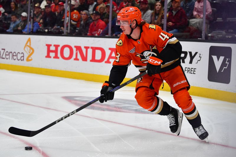 Nov 15, 2024; Anaheim, California, USA; Anaheim Ducks defenseman Drew Helleson (43) moves the puck against the Detroit Red Wings during the third period at Honda Center. Mandatory Credit: Gary A. Vasquez-Imagn Images