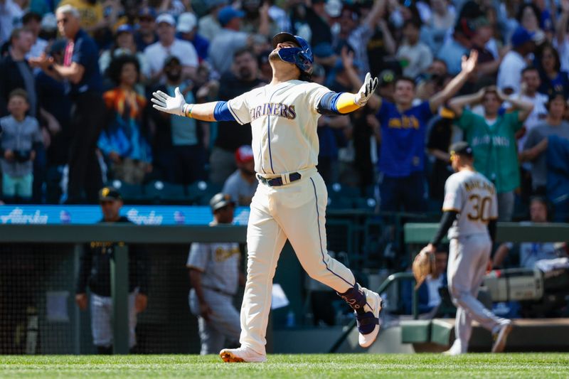 May 28, 2023; Seattle, Washington, USA; Seattle Mariners third baseman Eugenio Suarez (28) celebrates after hitting a walk-off three-run home run against the Pittsburgh Pirates during the tenth inning at T-Mobile Park. Seattle defeated Pittsburgh, 6-3. Mandatory Credit: Joe Nicholson-USA TODAY Sports