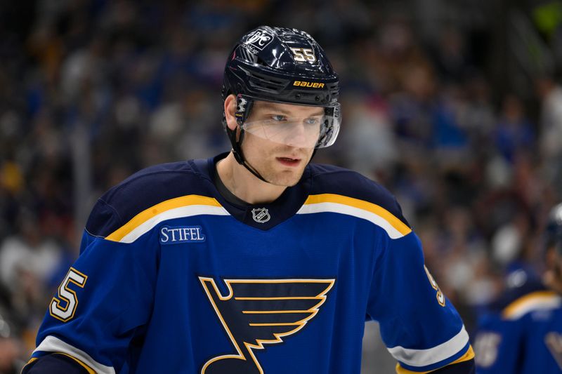 Oct 22, 2024; St. Louis, Missouri, USA; St. Louis Blues defenseman Colton Parayko (55) looks on during the first period against the Winnipeg Jets at Enterprise Center. Mandatory Credit: Jeff Le-Imagn Images 