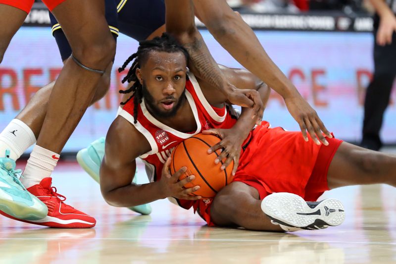 Mar 3, 2024; Columbus, Ohio, USA; Ohio State Buckeyes guard Bruce Thornton (2) goes for the loose ball during the first half against the Michigan Wolverines at Value City Arena. Mandatory Credit: Joseph Maiorana-USA TODAY Sports