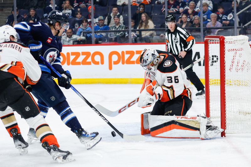 Mar 15, 2024; Winnipeg, Manitoba, CAN; Anaheim Ducks goalie John Gibson (36) makes a save as Winnipeg Jets forward Vladislav Namestnikov (7) looks for a rebound during the second period at Canada Life Centre. Mandatory Credit: Terrence Lee-USA TODAY Sports