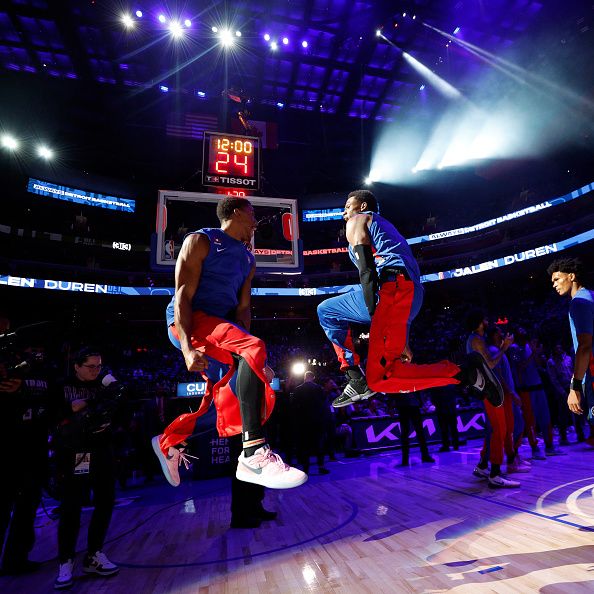 DETROIT, MI - NOVEMBER 29:  Jalen Duren #0 and Jaden Ivey #23 of the Detroit Pistons celebrates before the game against the Los Angeles Lakers on November 29, 2023 at Little Caesars Arena in Detroit, Michigan. NOTE TO USER: User expressly acknowledges and agrees that, by downloading and/or using this photograph, User is consenting to the terms and conditions of the Getty Images License Agreement. Mandatory Copyright Notice: Copyright 2023 NBAE (Photo by Brian Sevald/NBAE via Getty Images)