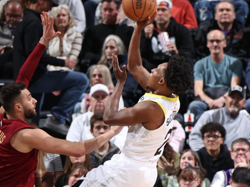 SALT LAKE CITY, UT - APRIL 2: Colin Sexton #2 of the Utah Jazz shoots the ball during the game against the Cleveland Cavaliers on April 2, 2024 at Delta Center in Salt Lake City, Utah. NOTE TO USER: User expressly acknowledges and agrees that, by downloading and or using this Photograph, User is consenting to the terms and conditions of the Getty Images License Agreement. Mandatory Copyright Notice: Copyright 2024 NBAE (Photo by Melissa Majchrzak/NBAE via Getty Images)