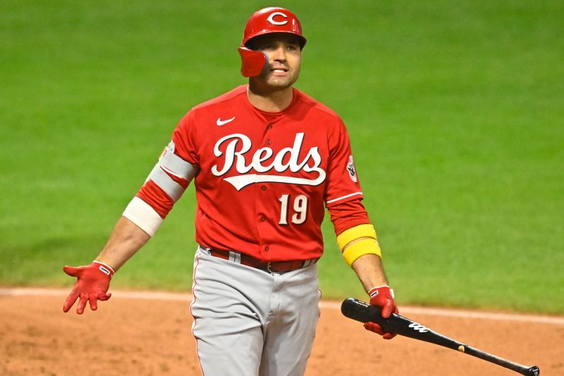 Sep 26, 2023; Cleveland, Ohio, USA; Cincinnati Reds designated hitter Joey Votto (19) reacts after striking out in the sixth inning against the Cleveland Guardians at Progressive Field. Mandatory Credit: David Richard-USA TODAY Sports