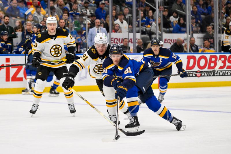 Nov 12, 2024; St. Louis, Missouri, USA;  St. Louis Blues center Dylan Holloway (81) and Boston Bruins defenseman Nikita Zadorov (91) battle for the puck during the second period at Enterprise Center. Mandatory Credit: Jeff Curry-Imagn Images