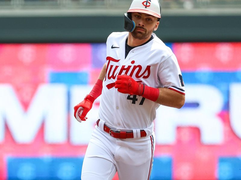 May 24, 2023; Minneapolis, Minnesota, USA; Minnesota Twins second baseman Edouard Julien (47) rounds the bases after hitting a solo home run against the San Francisco Giants during the first inning at Target Field. Mandatory Credit: Matt Krohn-USA TODAY Sports
