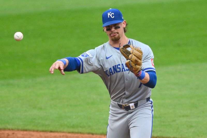 Jun 4, 2024; Cleveland, Ohio, USA; Kansas City Royals shortstop Bobby Witt Jr. (7) throws to first base in the fourth inning against the Cleveland Guardians at Progressive Field. Mandatory Credit: David Richard-USA TODAY Sports